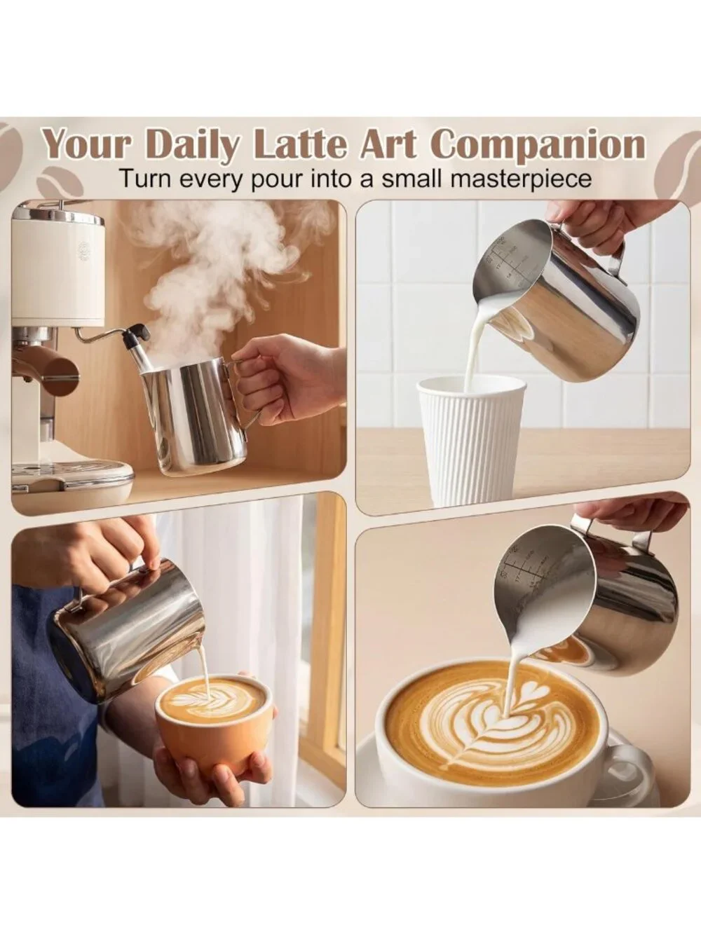 6 Pcs Stainless Steel Milk Frothing Pitchers - 20 oz Coffee Bar Tools, Silver